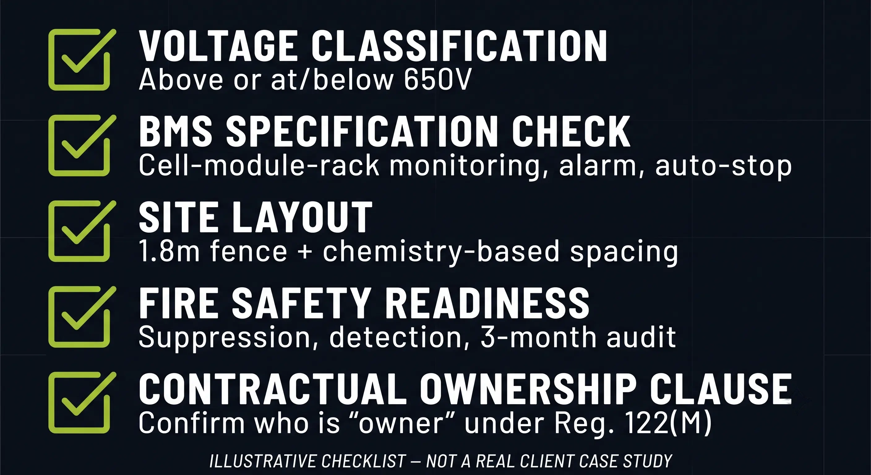 Illustrative pre-purchase or pre-lease diligence checklist: fencing height, BMS alarm thresholds, audit ownership, audit timeline