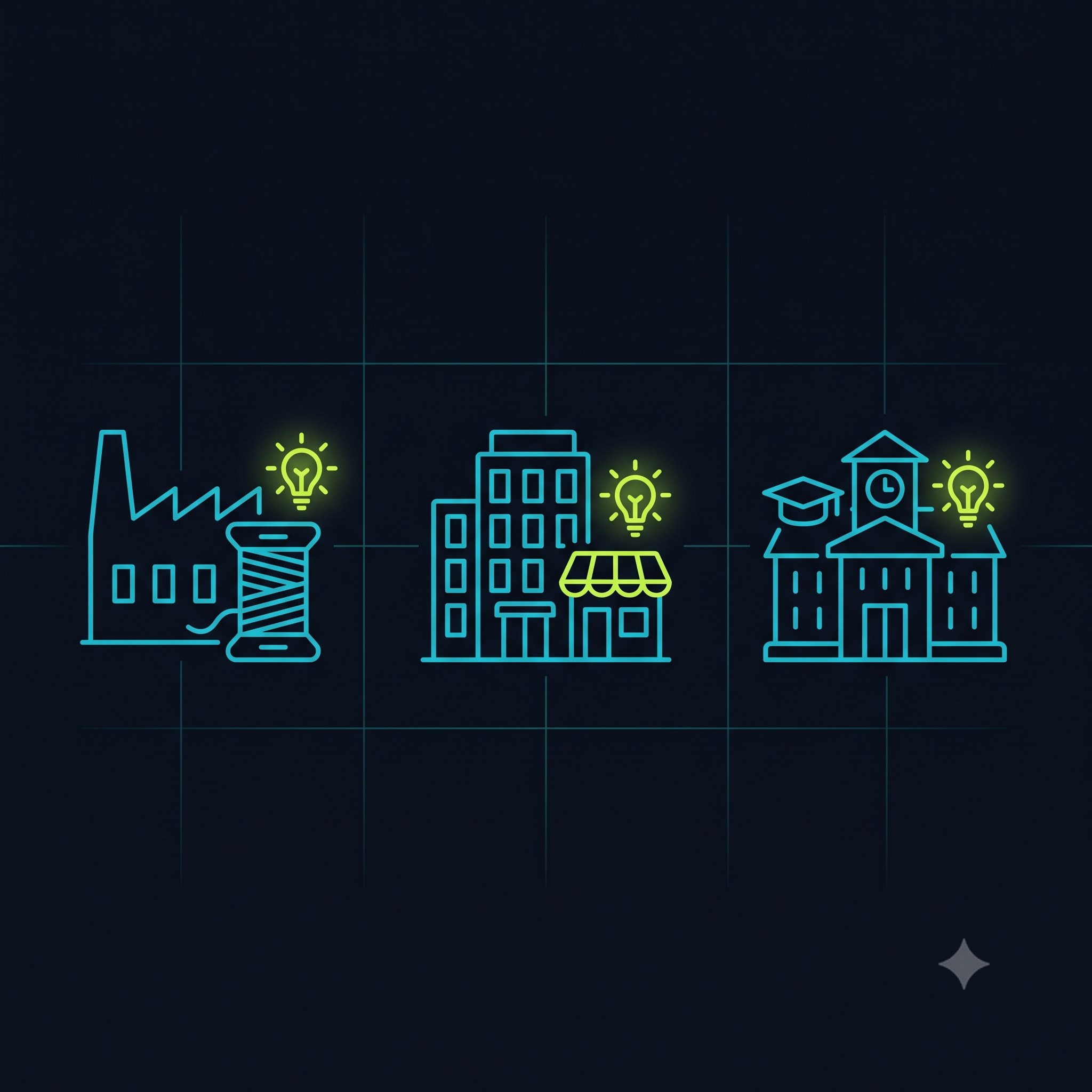 Icons representing three common Tamil Nadu C&I consumer profiles: industrial, hospitality/commercial, education