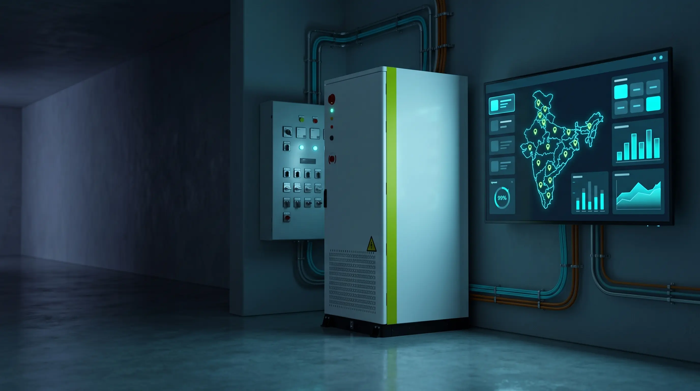 PWRNXT cabinet BESS unit with live multi-site monitoring dashboard — Power Backup Energy as a Service India