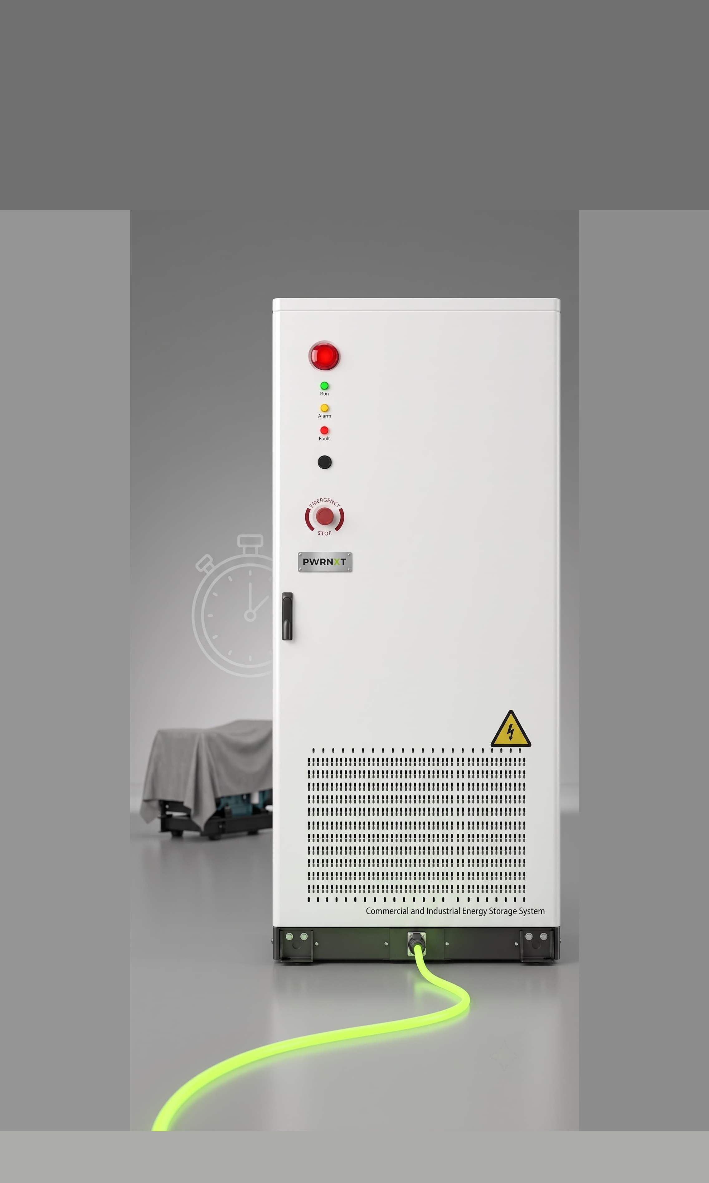 BESS Primary — PWRNXT battery cabinet as the dominant power source, 90% BESS 10% DG energy mix