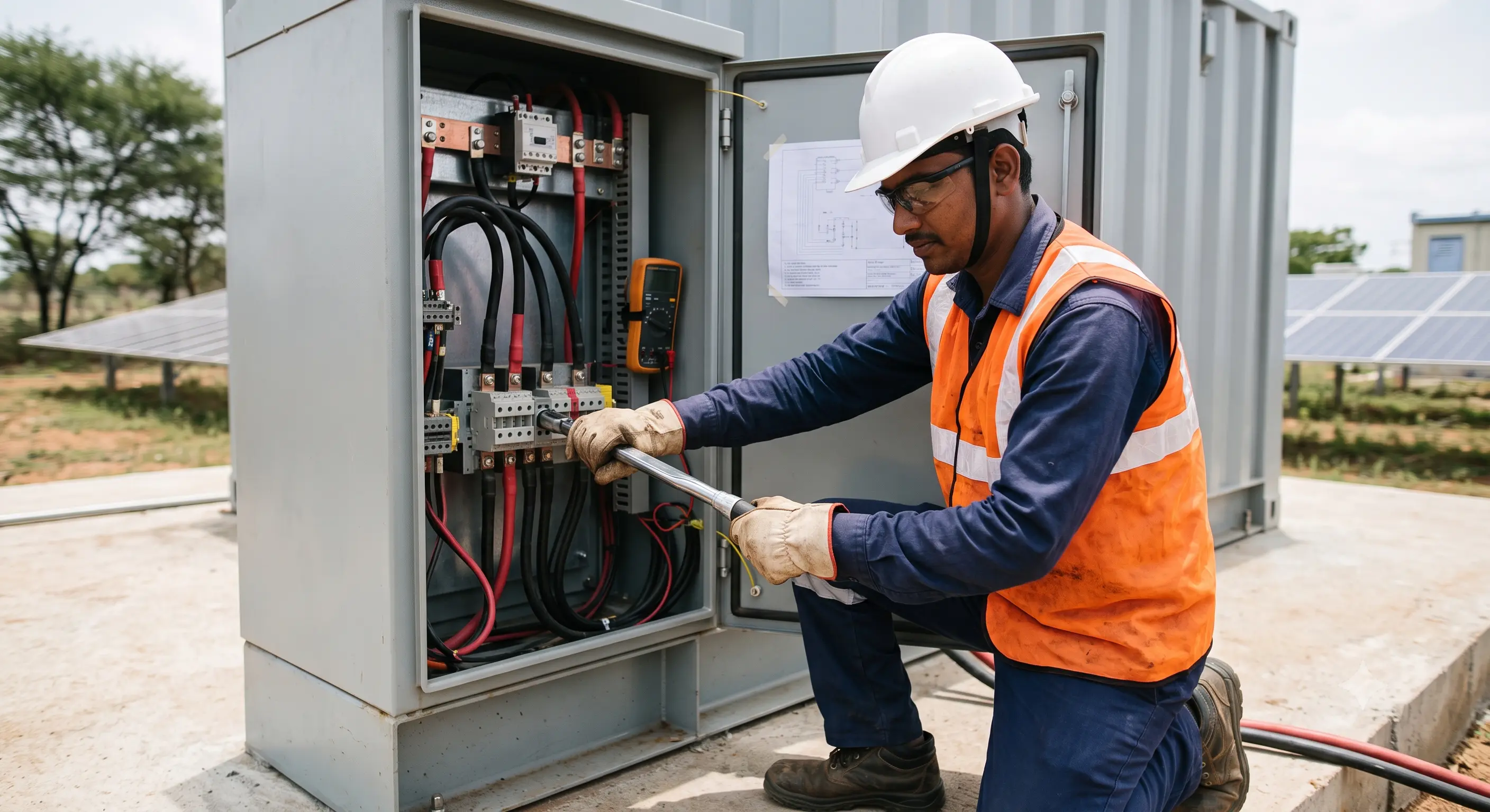 Certified technician commissioning a PWRNXT battery energy storage system