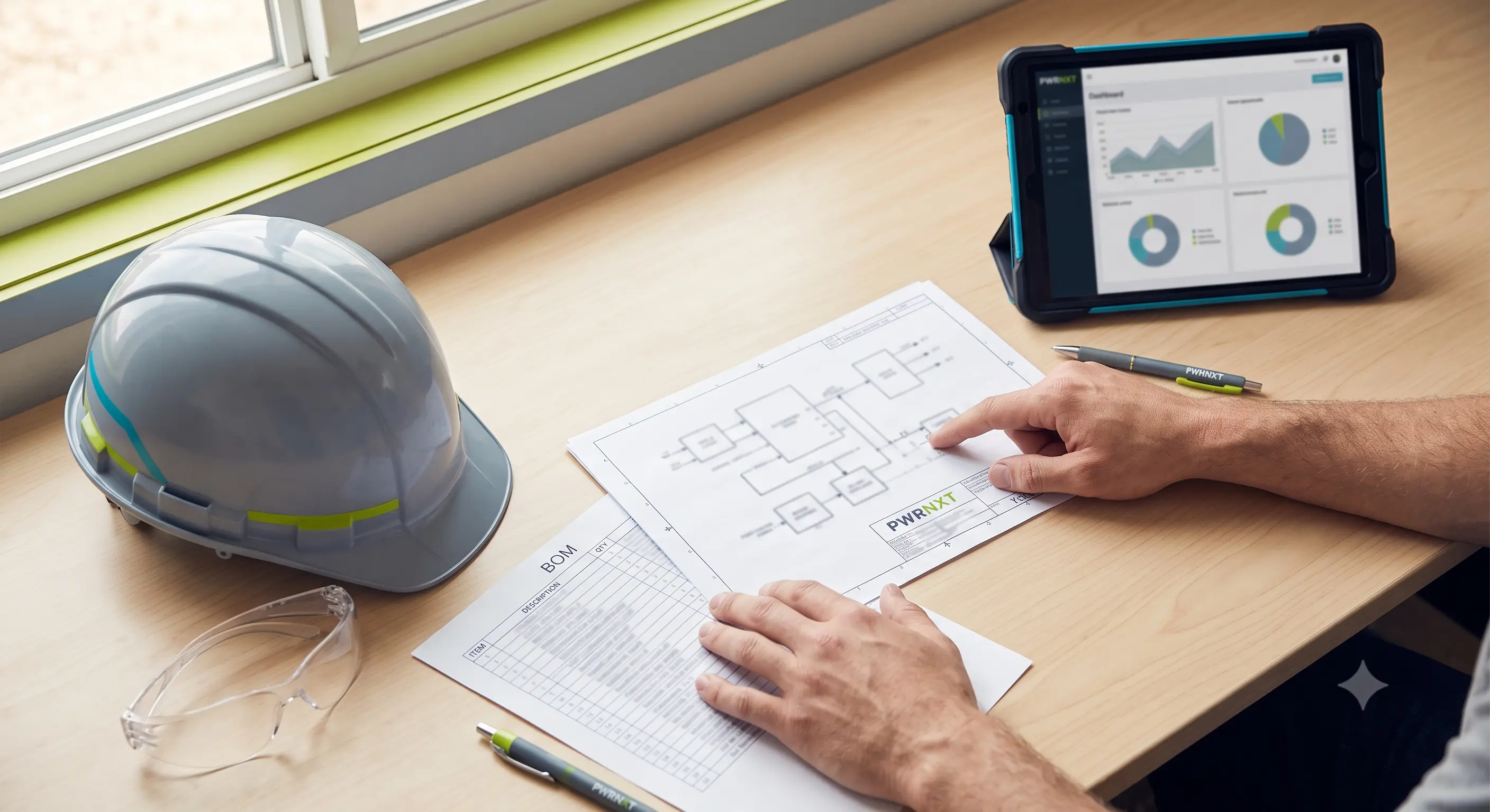 Installer reviewing PWRNXT-approved BESS design documentation on-site