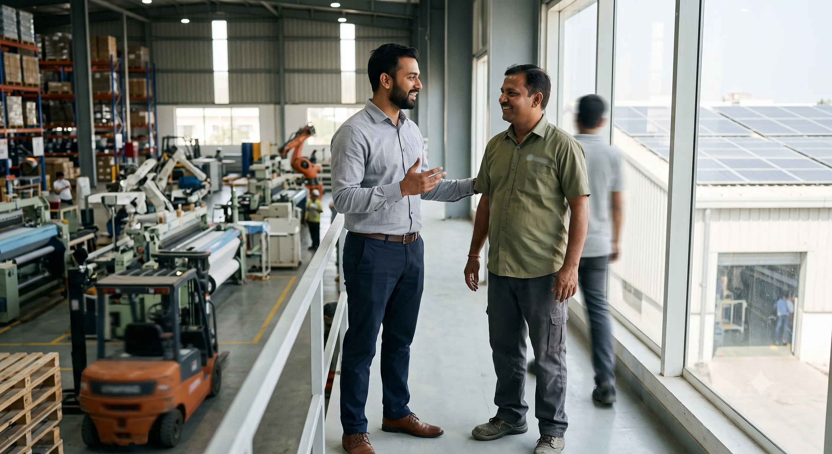 Solar EPC representative shaking hands with a C&I facility manager after referring them to PWRNXT